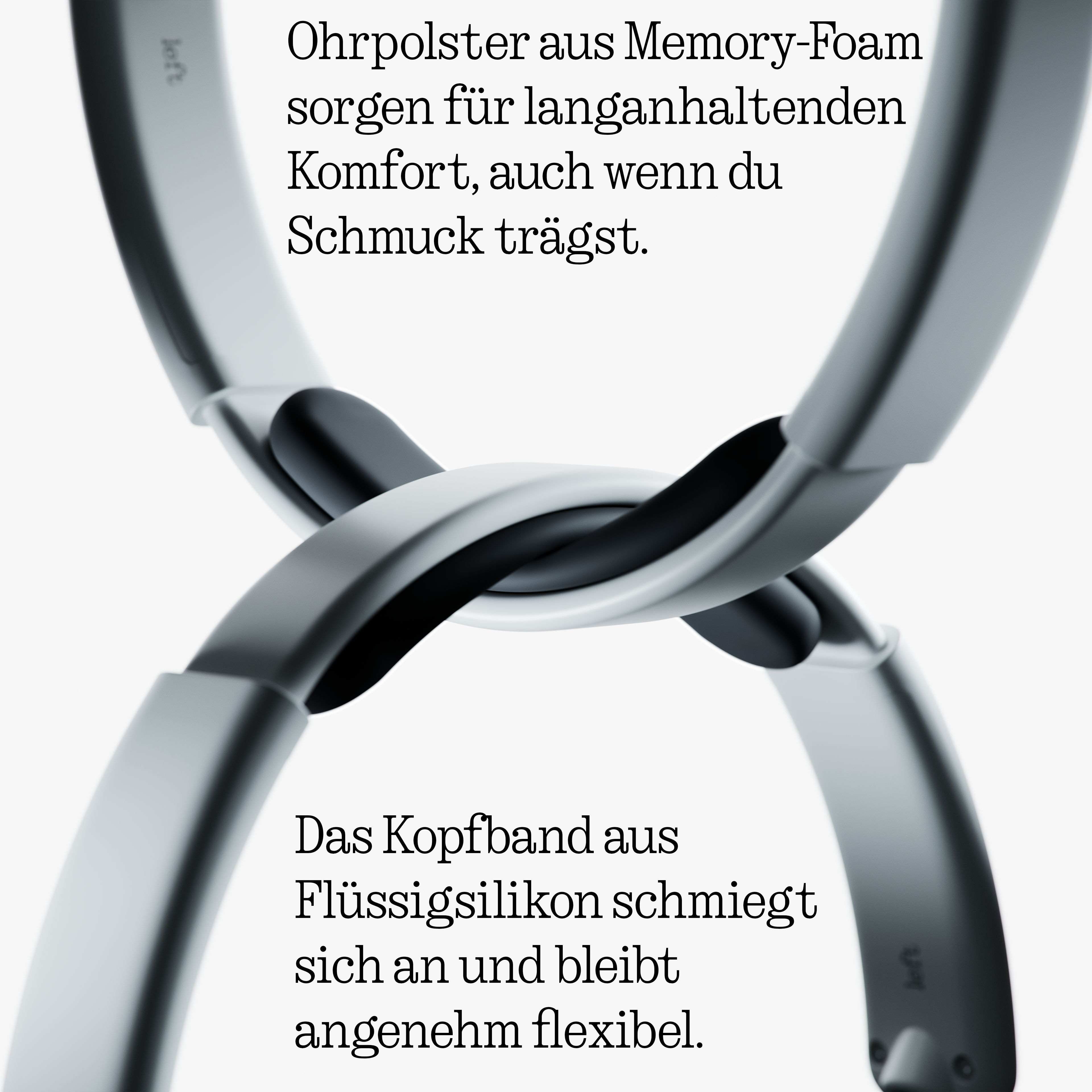 Kopfhörer mit Memory-Foam Ohrpolstern und flexiblem Silikonkopfband.