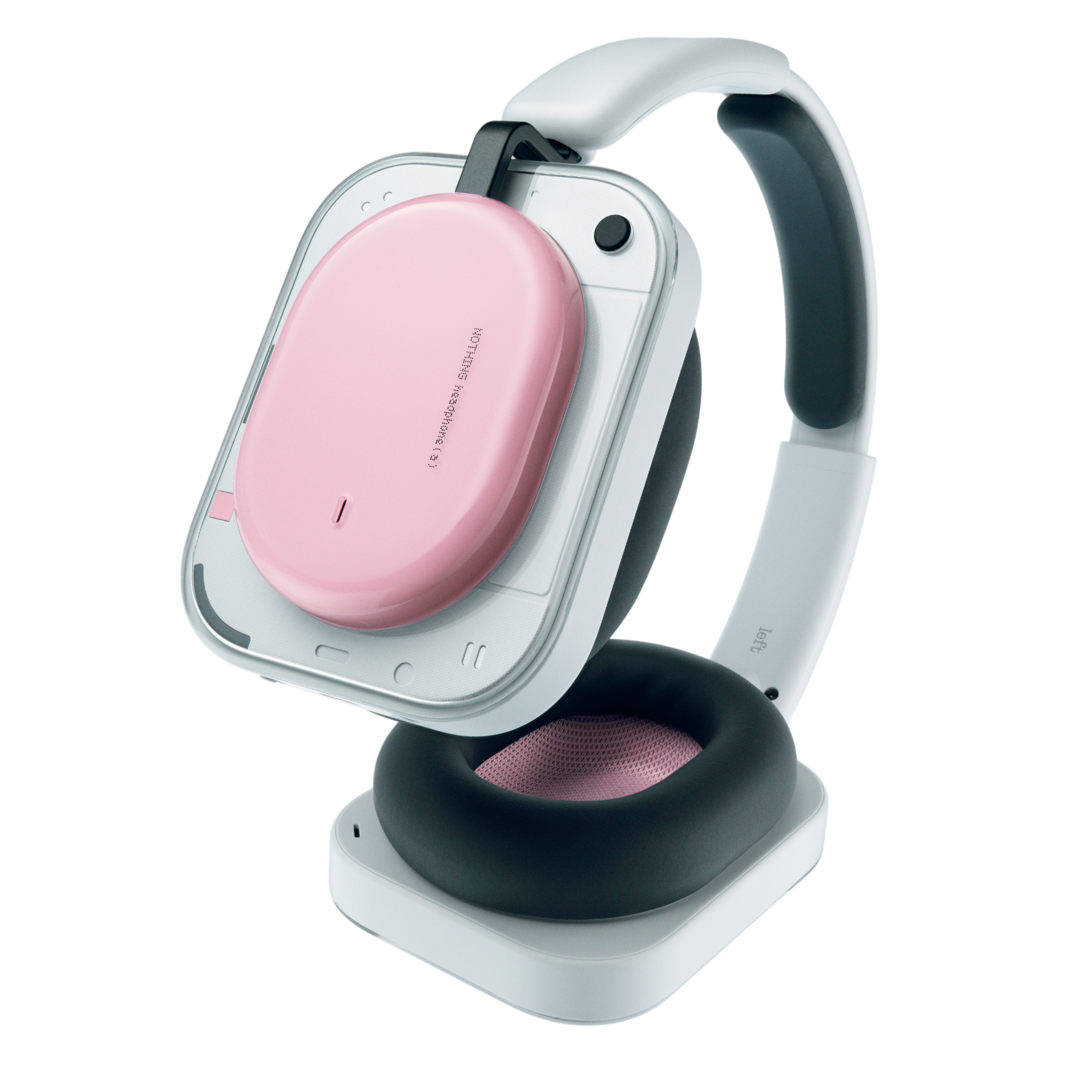 Ein rosa Kopfhörer mit weißem Bügel und schwarzen Ohrmuscheln.