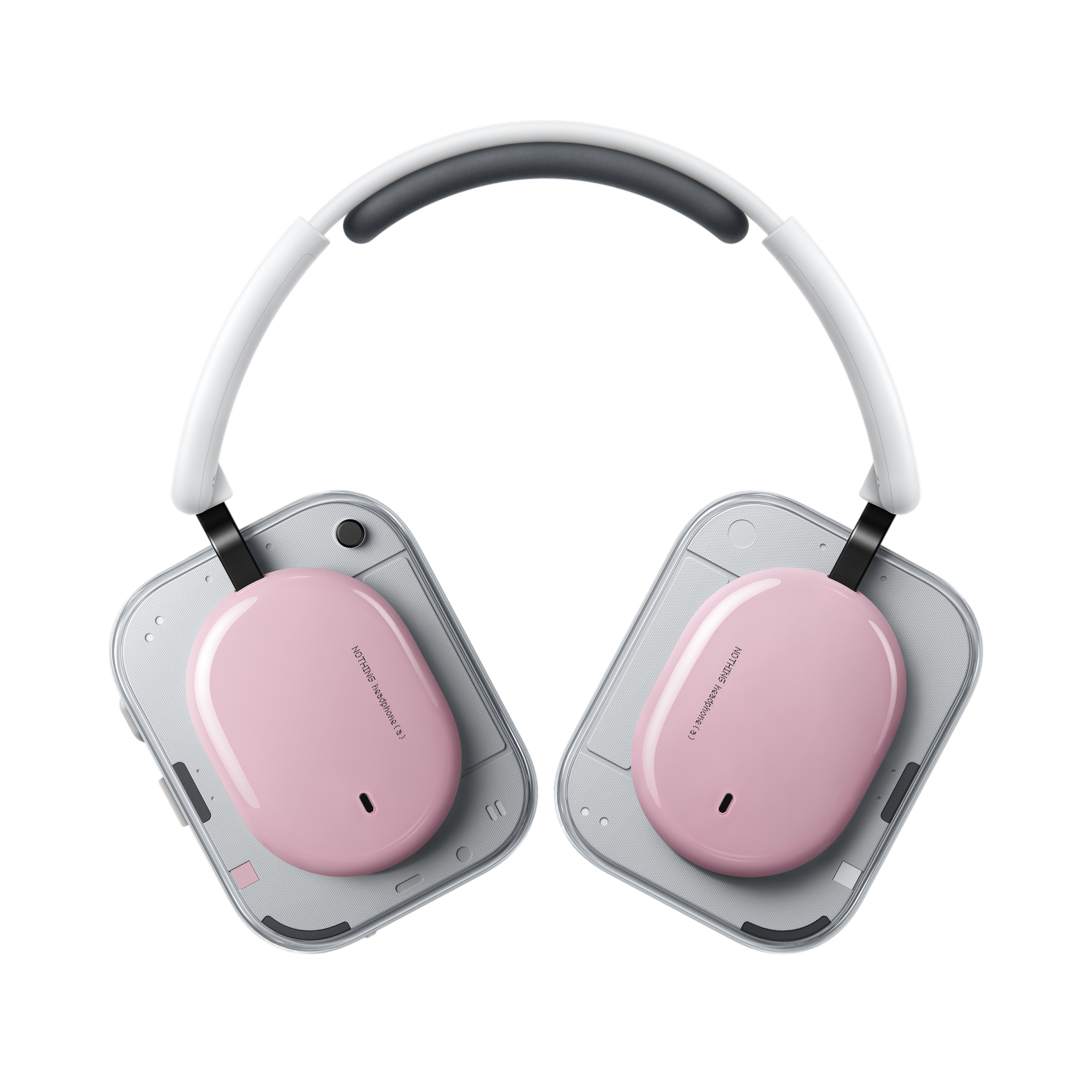 Weiße Kopfhörer mit rosa Ohrpolstern und silbernem Metallrahmen.