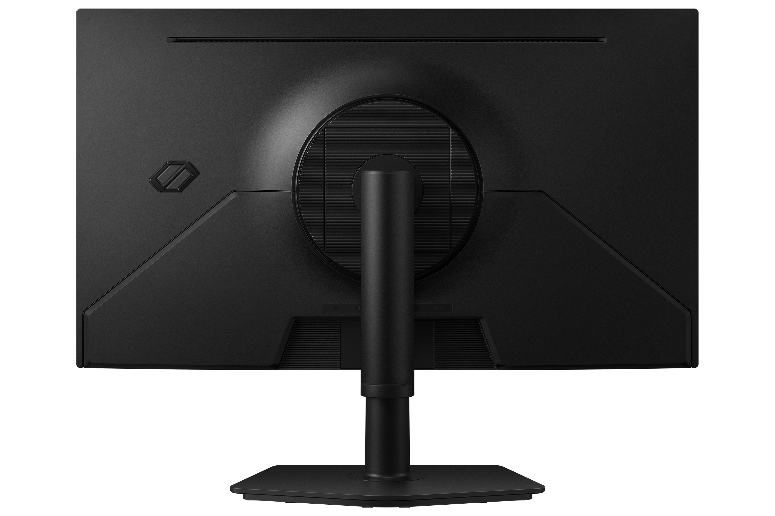 Die Rückseite eines schwarzen Monitors mit einem runden Lüftungsgitter und einem Ständer.