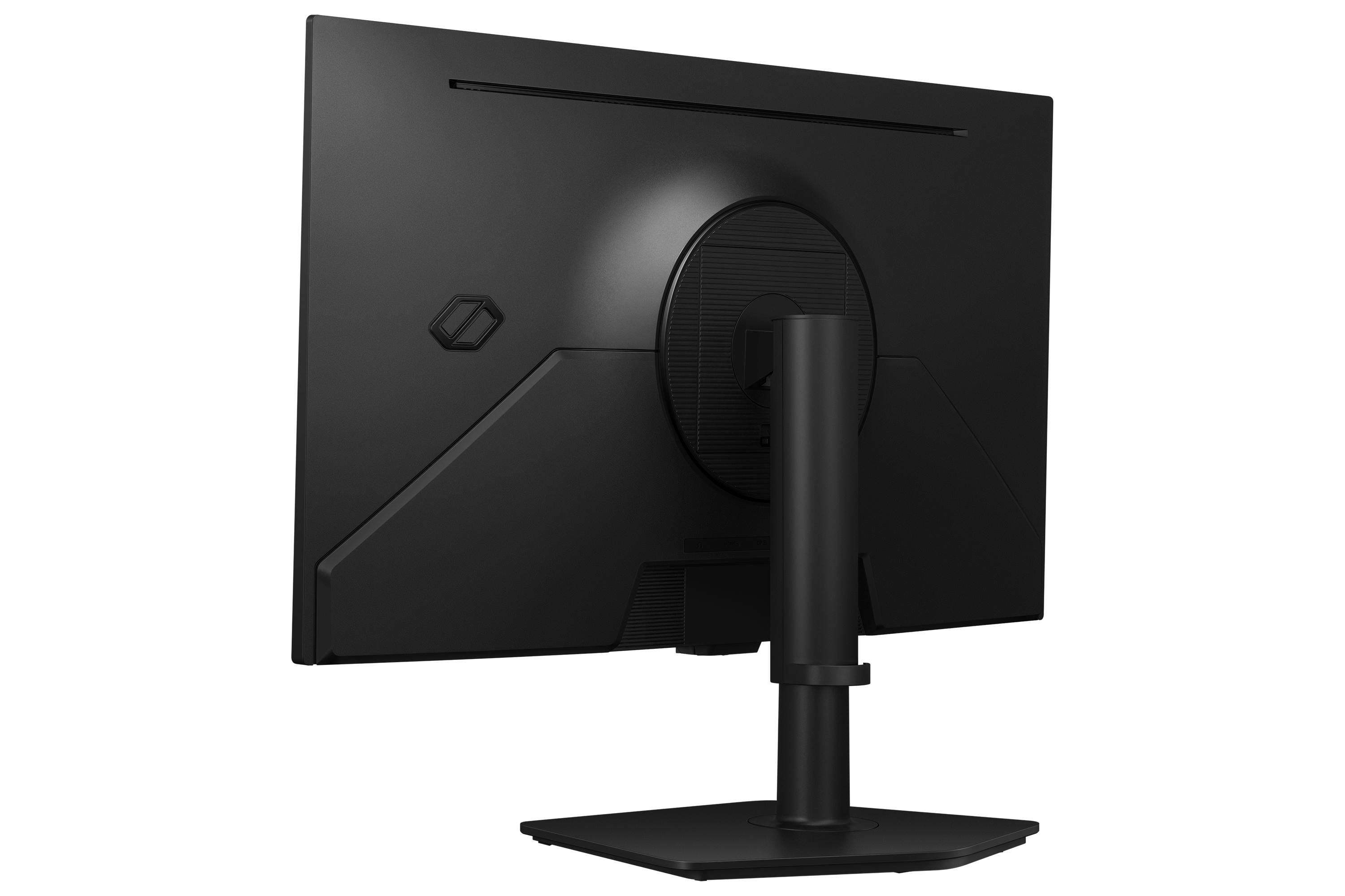 Rückseite eines schwarzen Monitors mit Ständer und Lüftungsschlitzen.