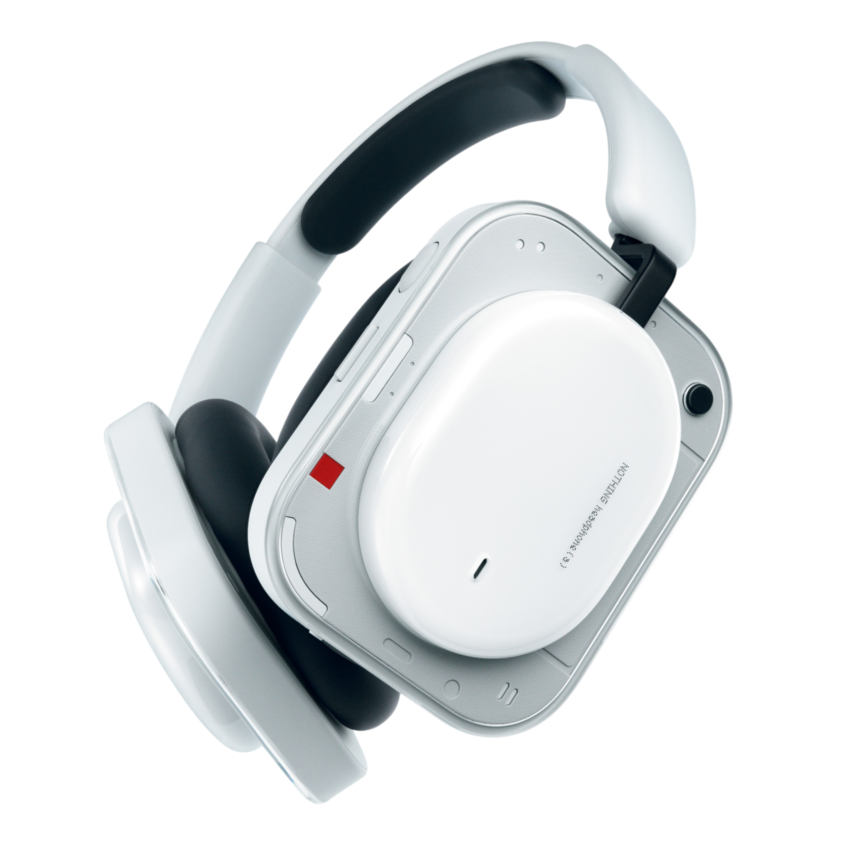 Weiße Kopfhörer mit schwarzem Bügel und Ohrpolstern, auf weißem Hintergrund.