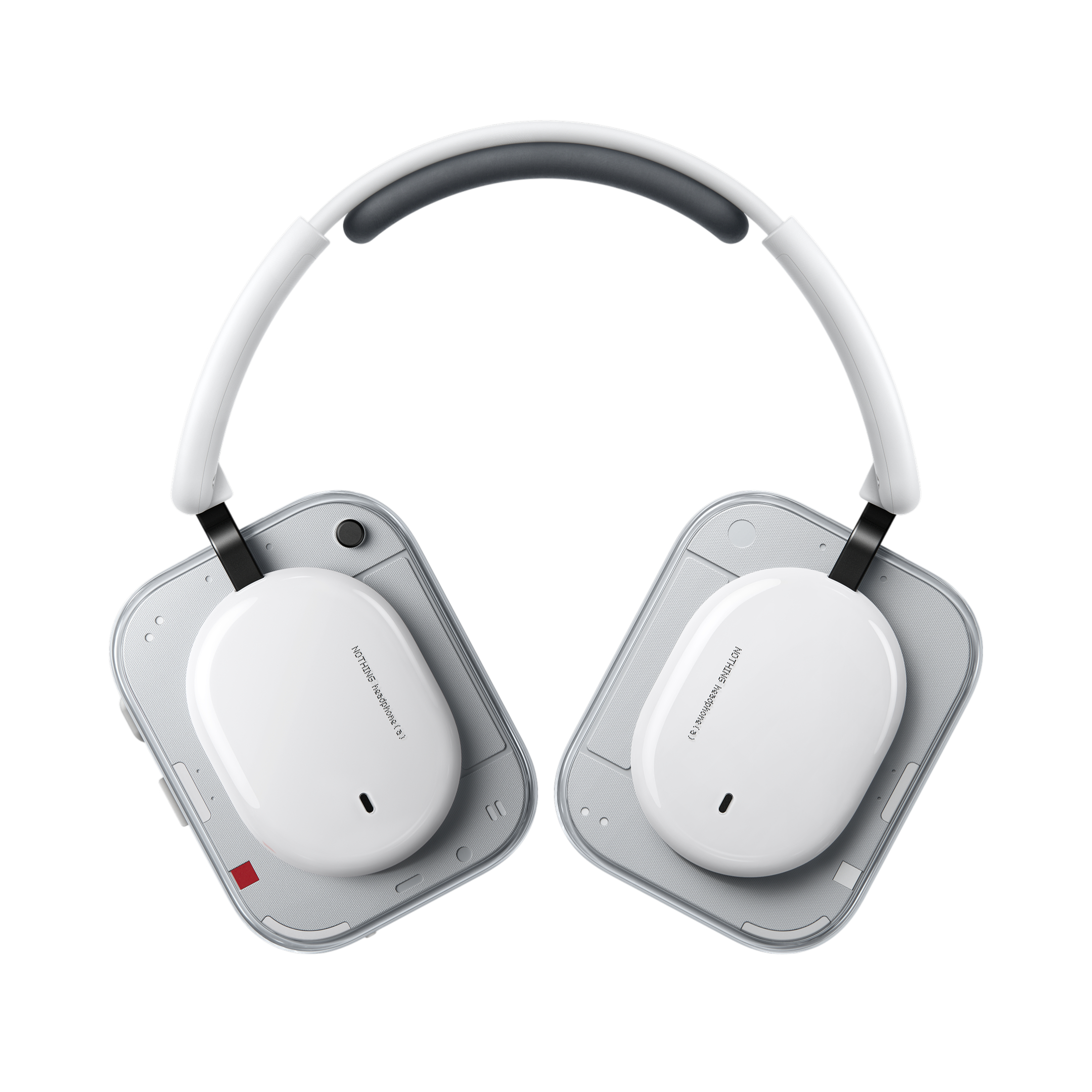 Weiße Kopfhörer mit grauem Bügel und silbernem Rahmen auf weißem Hintergrund.