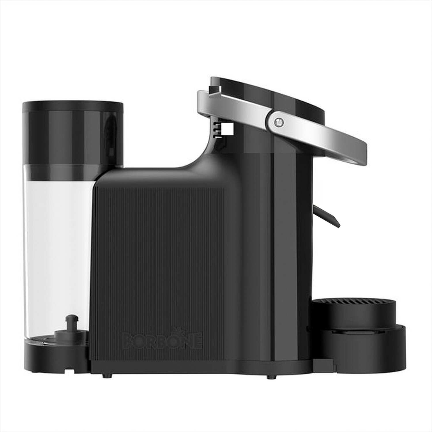 Macchina da caffè nera con serbatoio dell'acqua trasparente e maniglia argento.