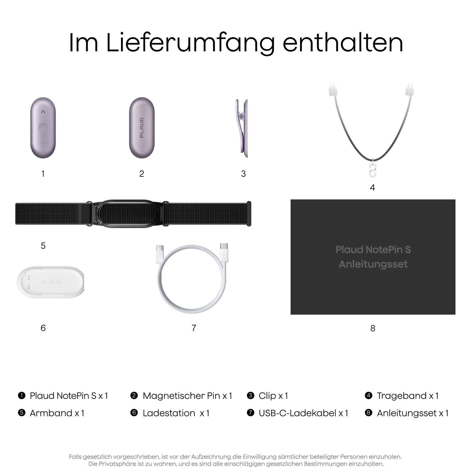 Abbildung von 8 Produkten mit Nummern, darunter ein Clip, Ladekabel und Armband.