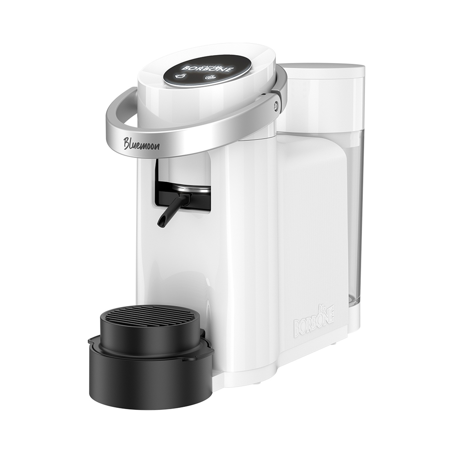 Una macchina da caffè bianca con vaschetta raccogligocce e serbatoio dell'acqua neri.