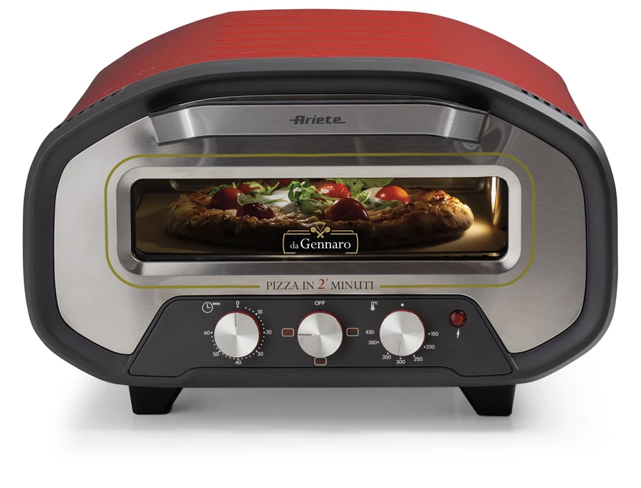 Piros pizza sütő rozsdamentes acél előlappal, pizzát süt.