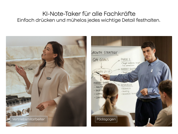 Eine Frau in einem hellen Büro und ein Mann vor einer Tafel, der einen Vortrag hält.