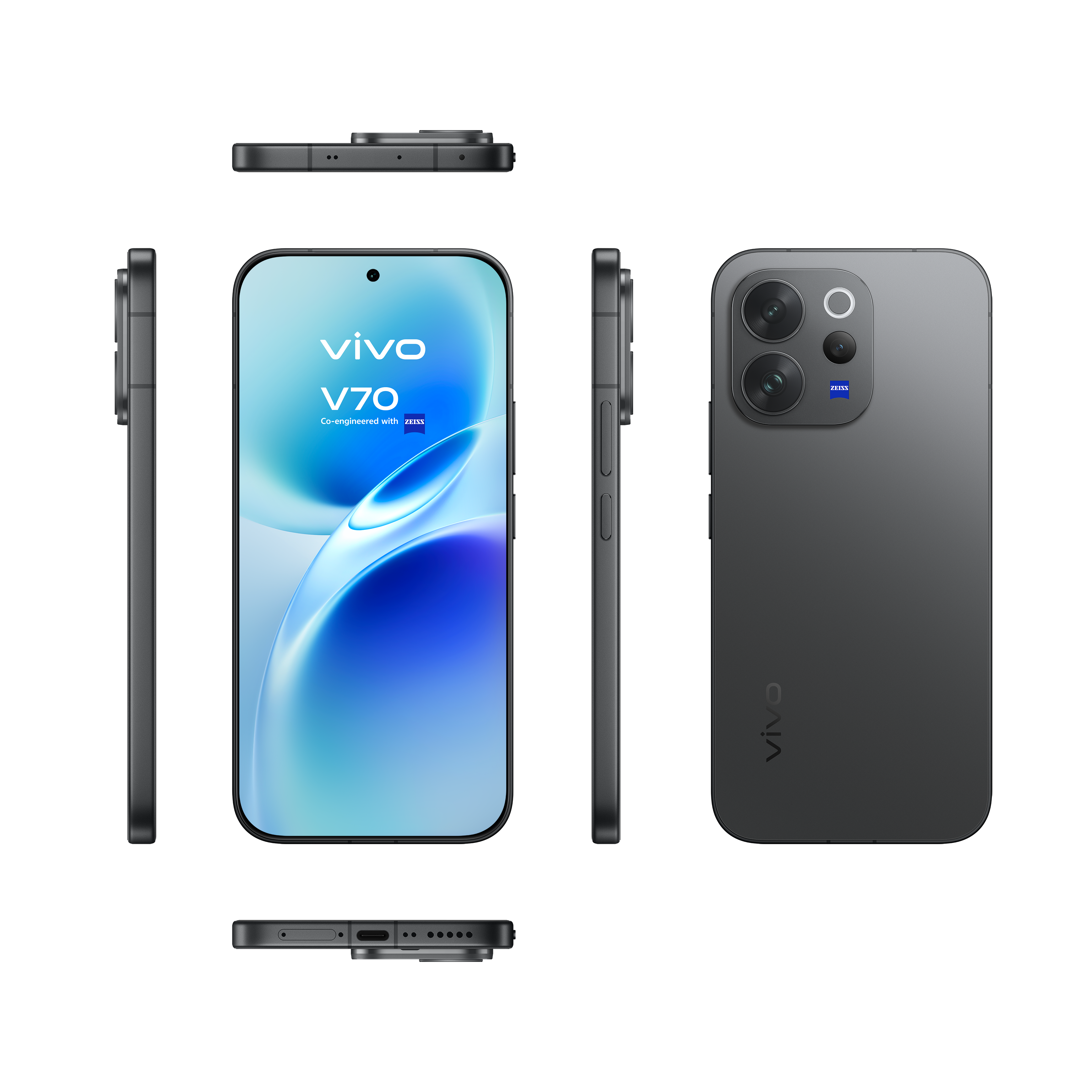 Ansichten des dunklen Vivo V70 Smartphones mit Kamera und Bildschirm.