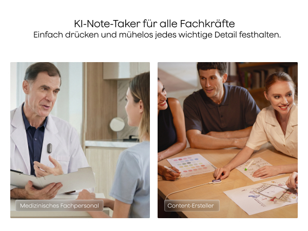 Arzt spricht mit Patientin, daneben Content-Ersteller bei Besprechung.