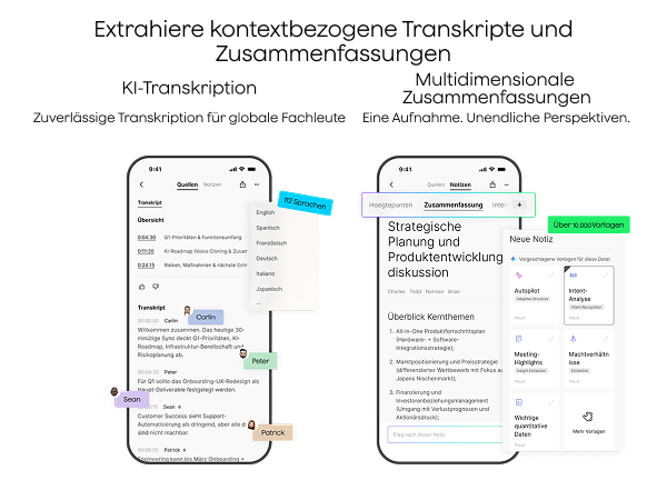 Zwei Handy-Screens zeigen KI-Transkription und Zusammenfassungen. Einer listet Sprachen auf.