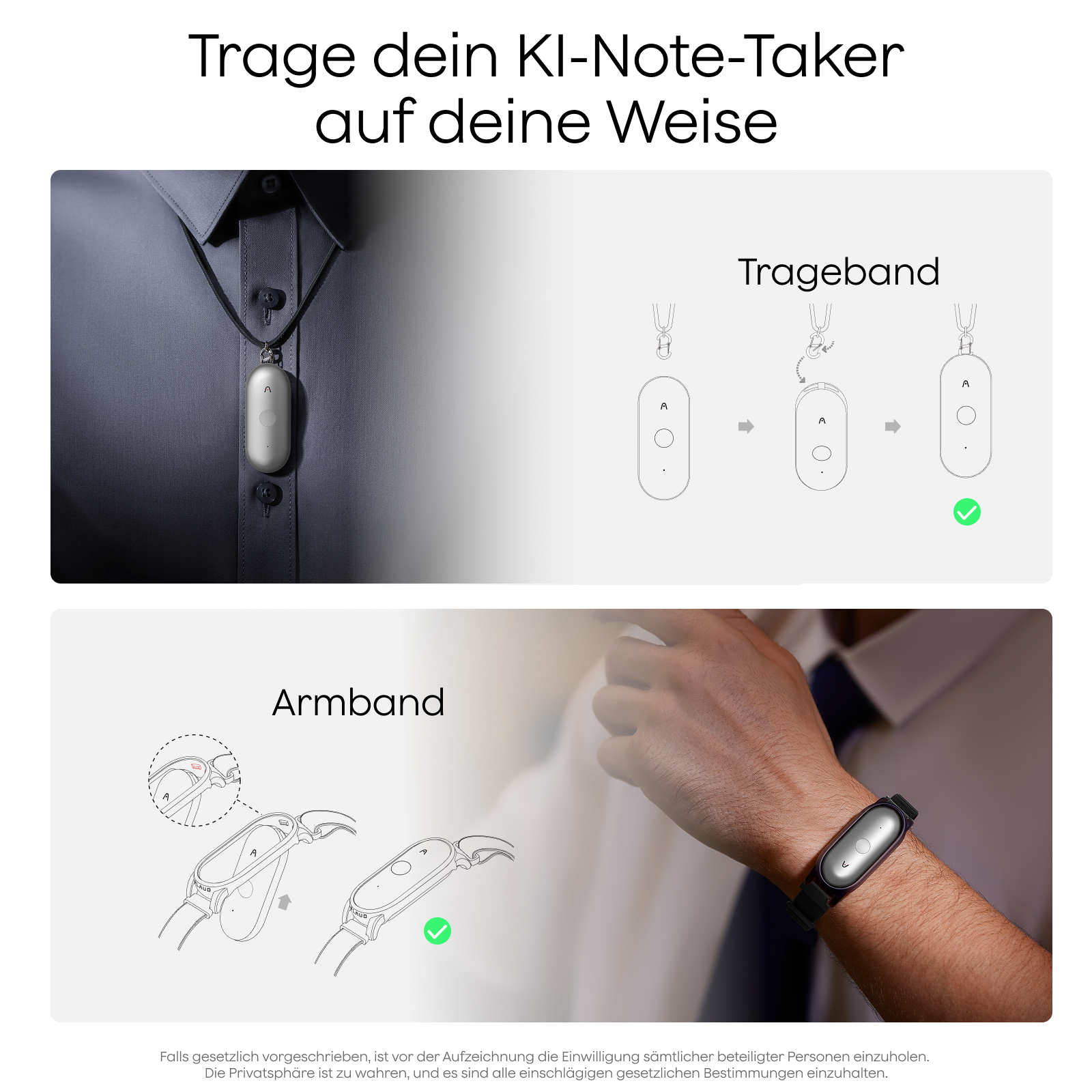 Ein KI-Notiznehmer wird an einem Hemd getragen oder am Arm befestigt.