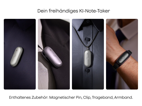 Ein silbernes KI-Gerät wird auf vier Arten getragen: auf Stoff, mit Clip, als Anhänger und am Handgelenk.