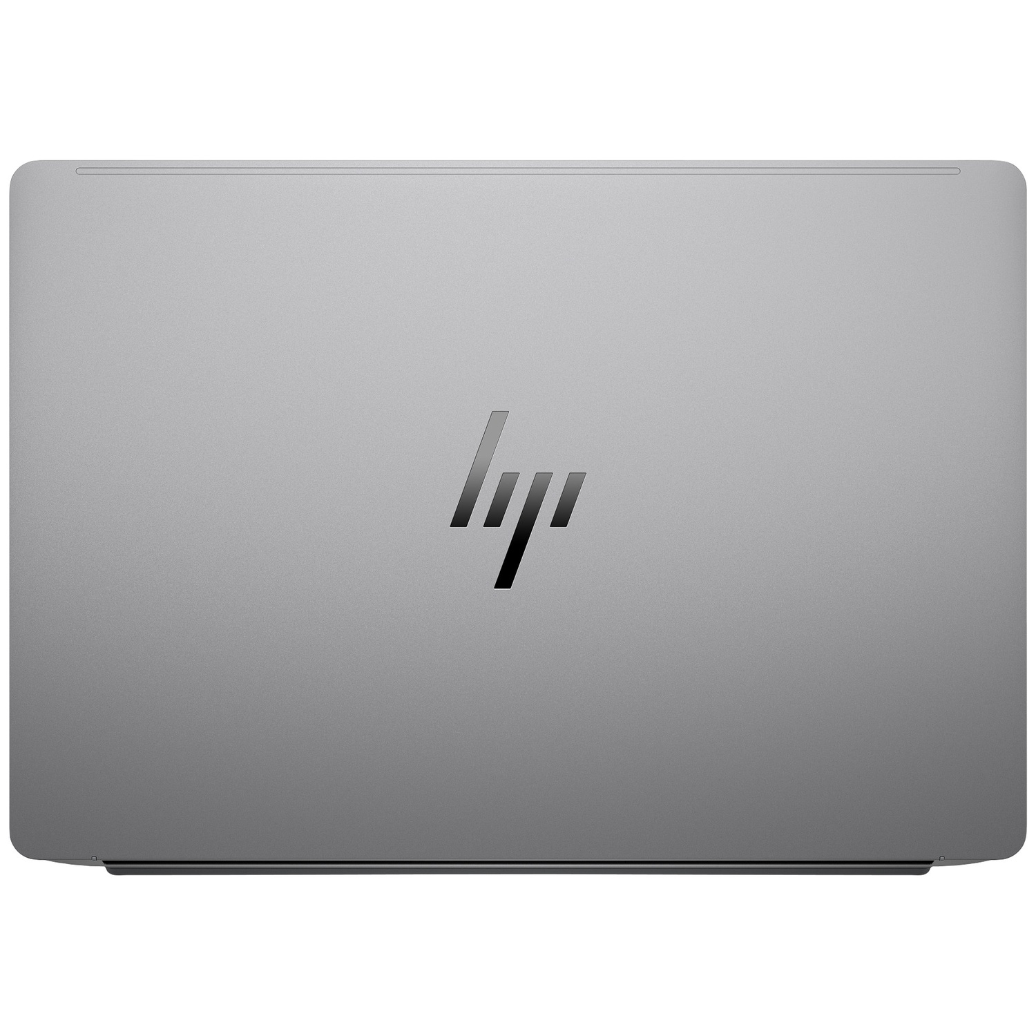 A closed, silver HP laptop seen from above with the logo in the center.