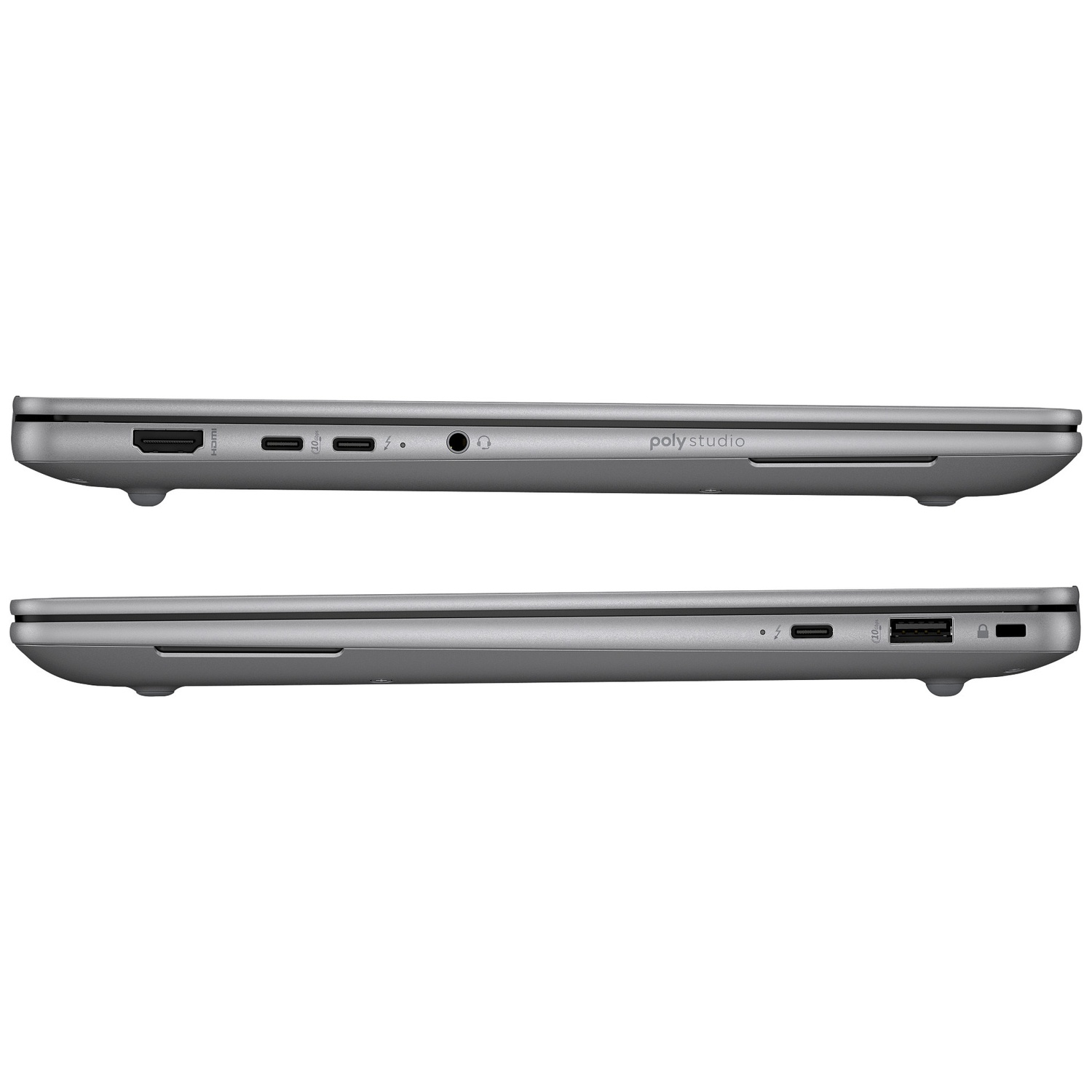 Two gray laptops side-by-side. Left has HDMI, USB-C, headphone jack.