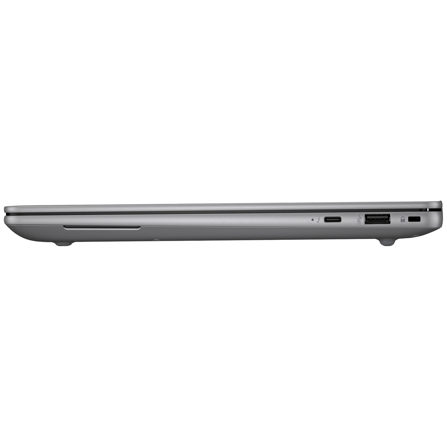 Side view of a closed gray laptop showing ports like USB and Thunderbolt.