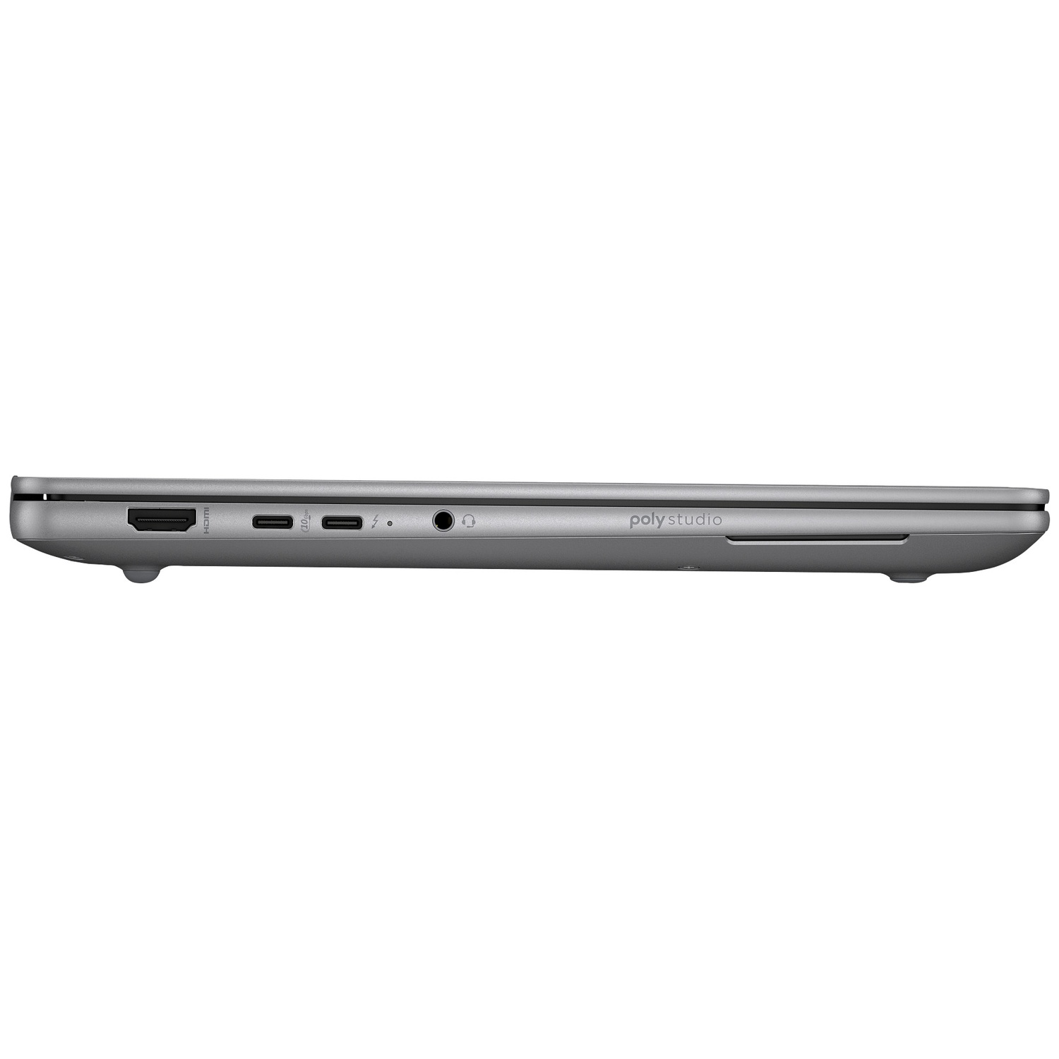 Silver laptop side view showing HDMI, USB-C ports, and headphone jack.