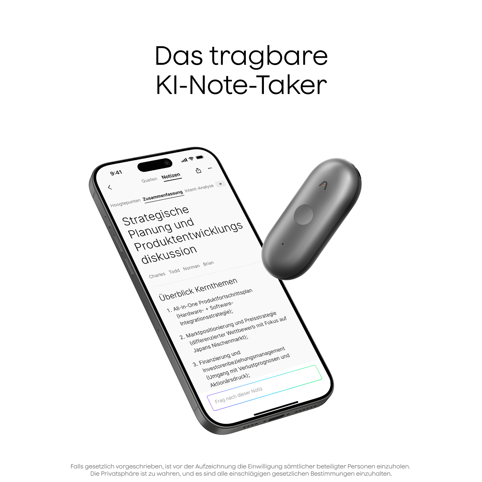 Ein Smartphone zeigt Notizen mit strategischer Planung und Produktentwicklung. Ein KI-Stift liegt daneben.