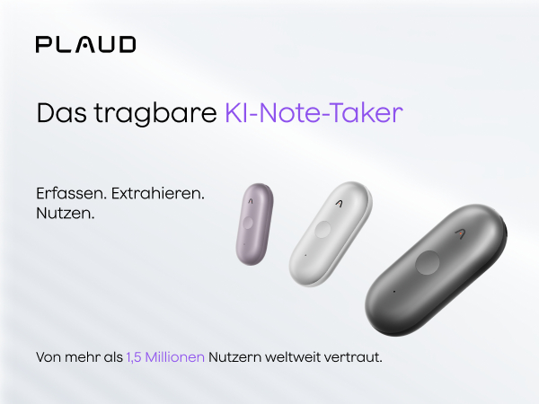 Drei PLAUD KI-Note-Taker in Lila, Weiß und Grau auf hellem Hintergrund.