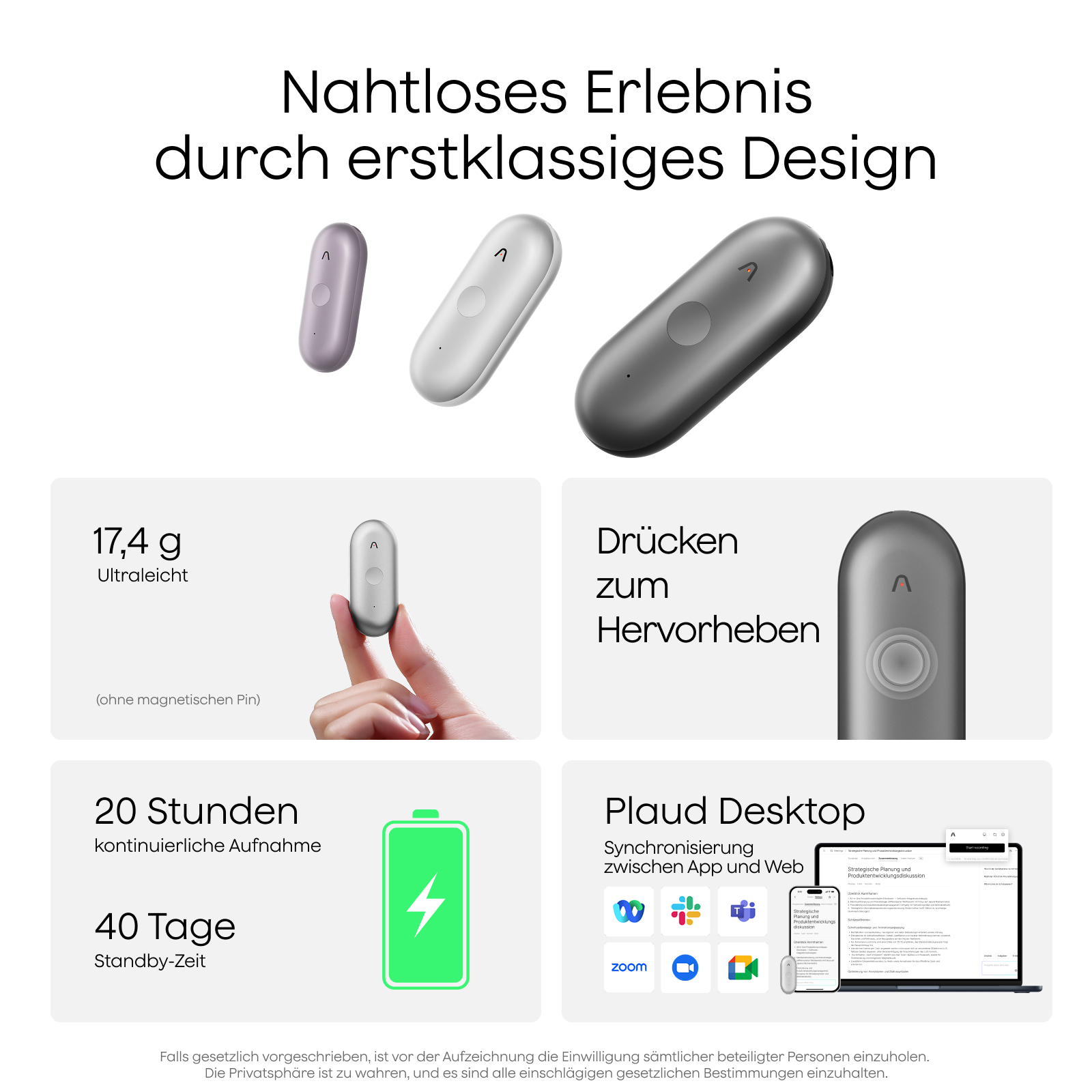 Drei schlanke, ovalförmige Geräte in Lila, Weiß und Grau. Daneben Details zu Gewicht, Akkulaufzeit und Apps.