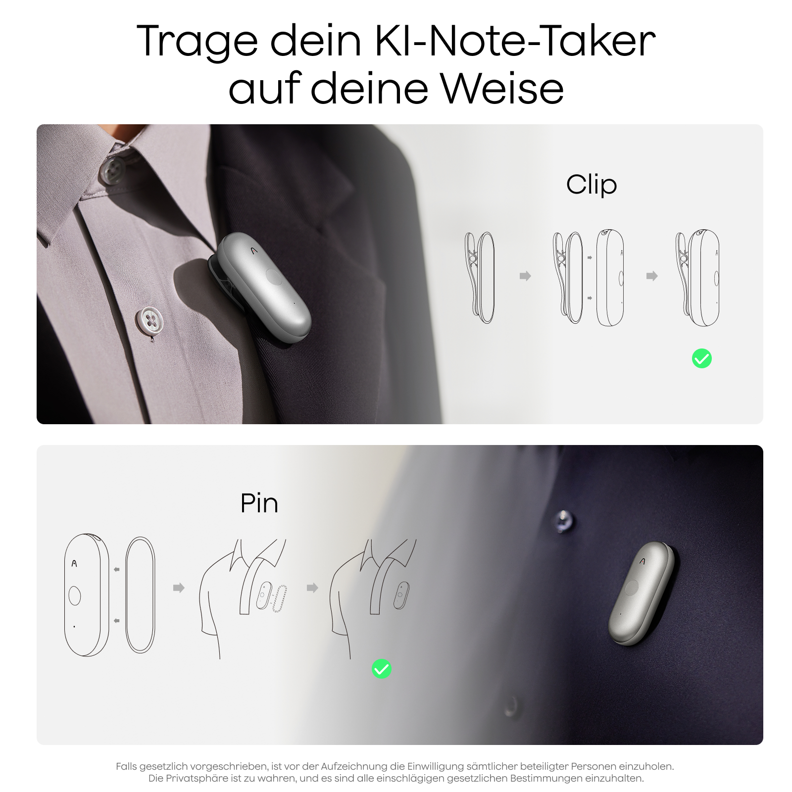 Ein silbernes KI-Gerät wird mit einer Klemme an Kleidung befestigt, daneben Anleitungen.