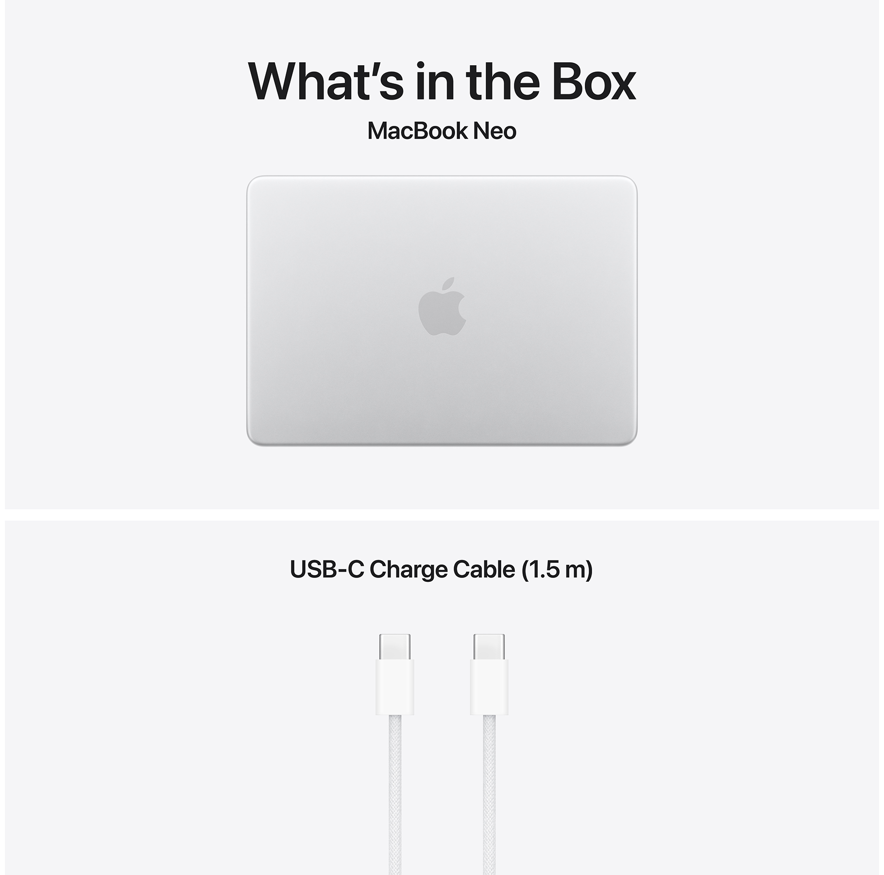 MacBook Neo és egy fehér, 1,5 m-es USB-C töltőkábel.