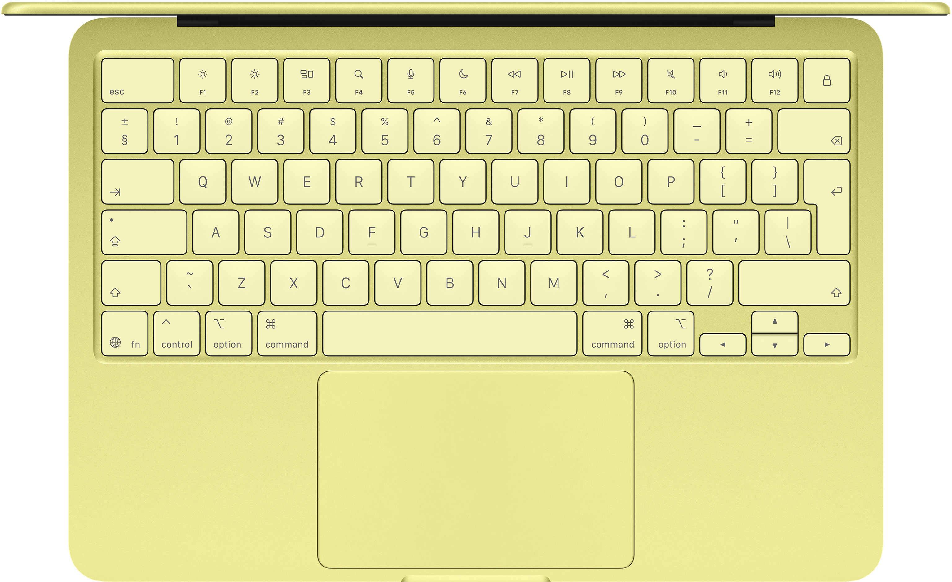 Egy világossárga laptop billentyűzet és érintőpad látható.