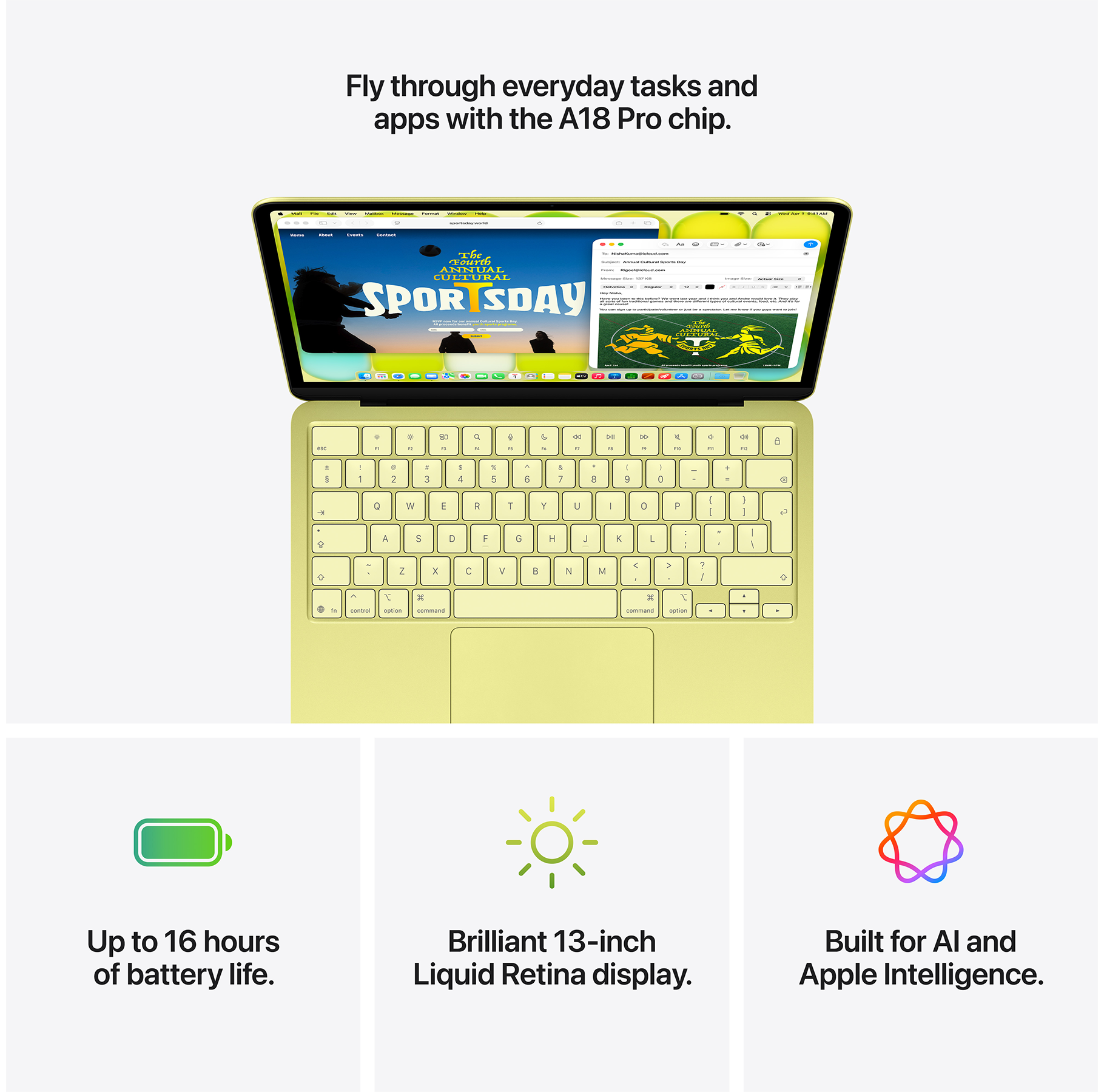 Világos sárga MacBook A18 Pro chippel, billentyűzettel és sporteseményt mutató képernyővel.