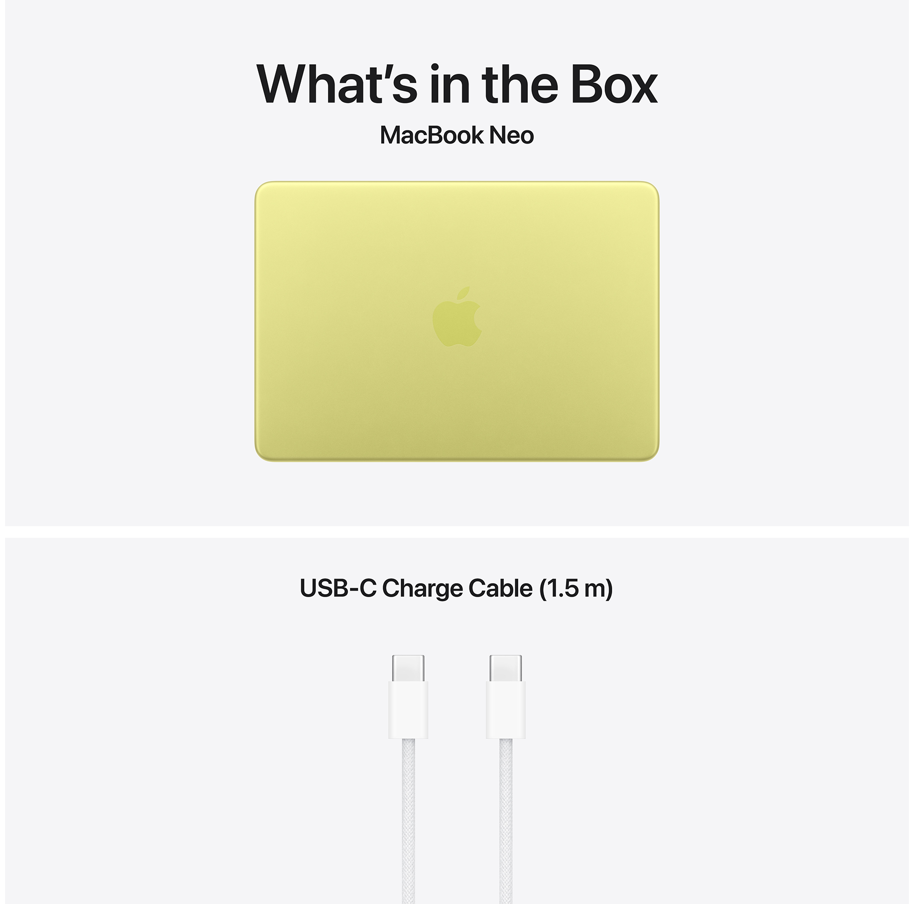 Egy sárga MacBook Neo és egy fehér USB-C kábel.
