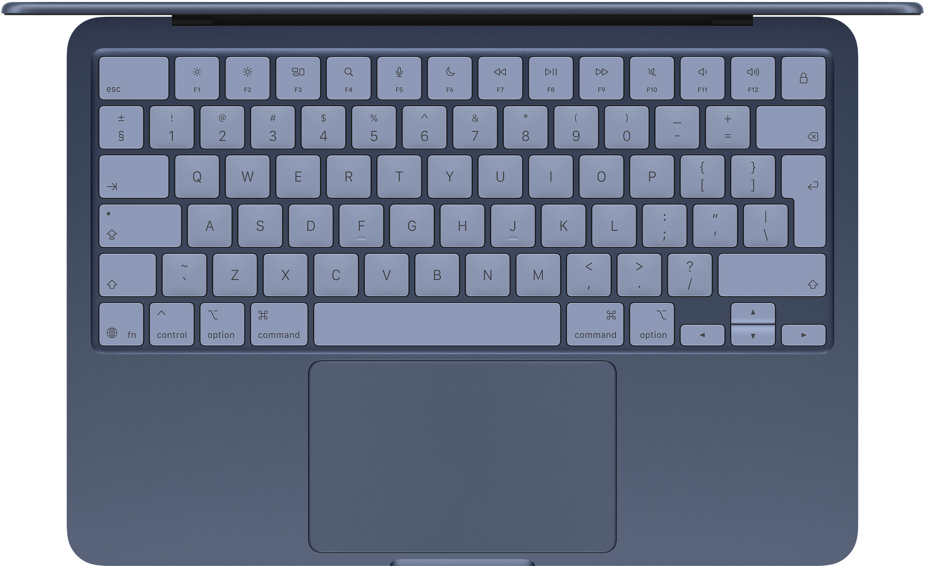 Kék laptop billentyűzet és érintőpad felülnézetből. A gombokon világoskék feliratok láthatók.