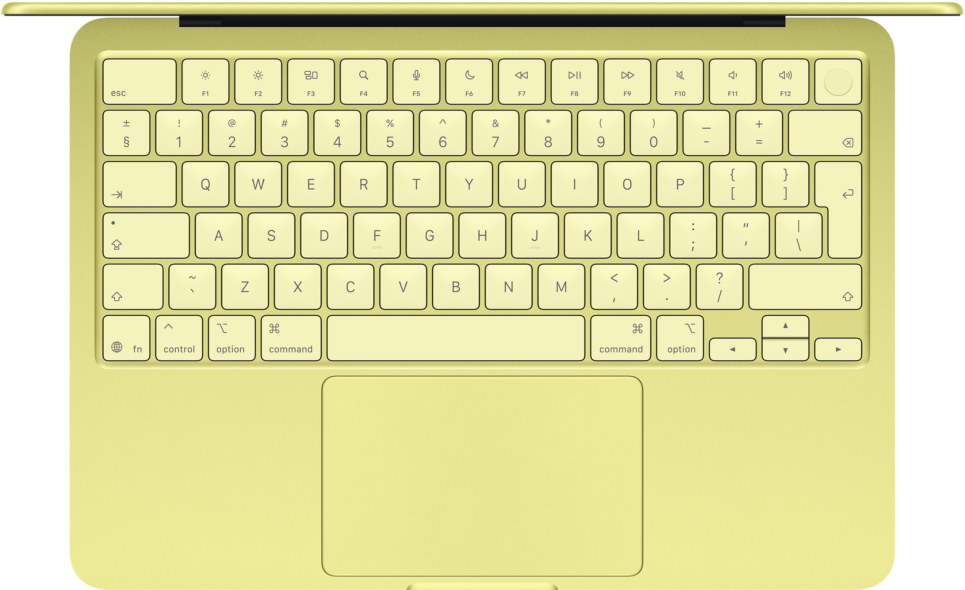 Egy világossárga laptop billentyűzet és érintőpad látható. A gombok világossárgák fehér feliratokkal.