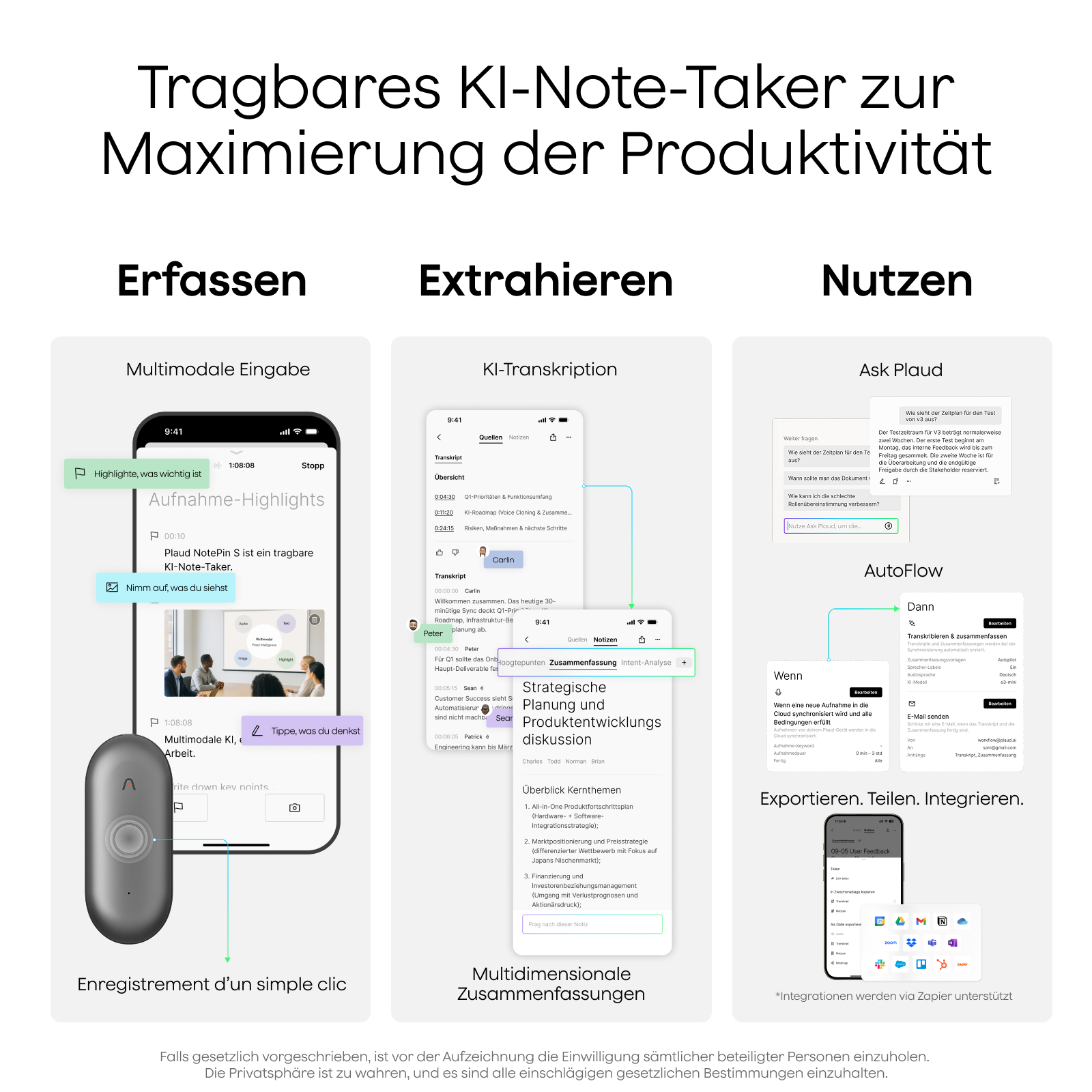 Mockups von KI-Notiz-Apps: Eingabe, Transkription, Analyse & Integration.