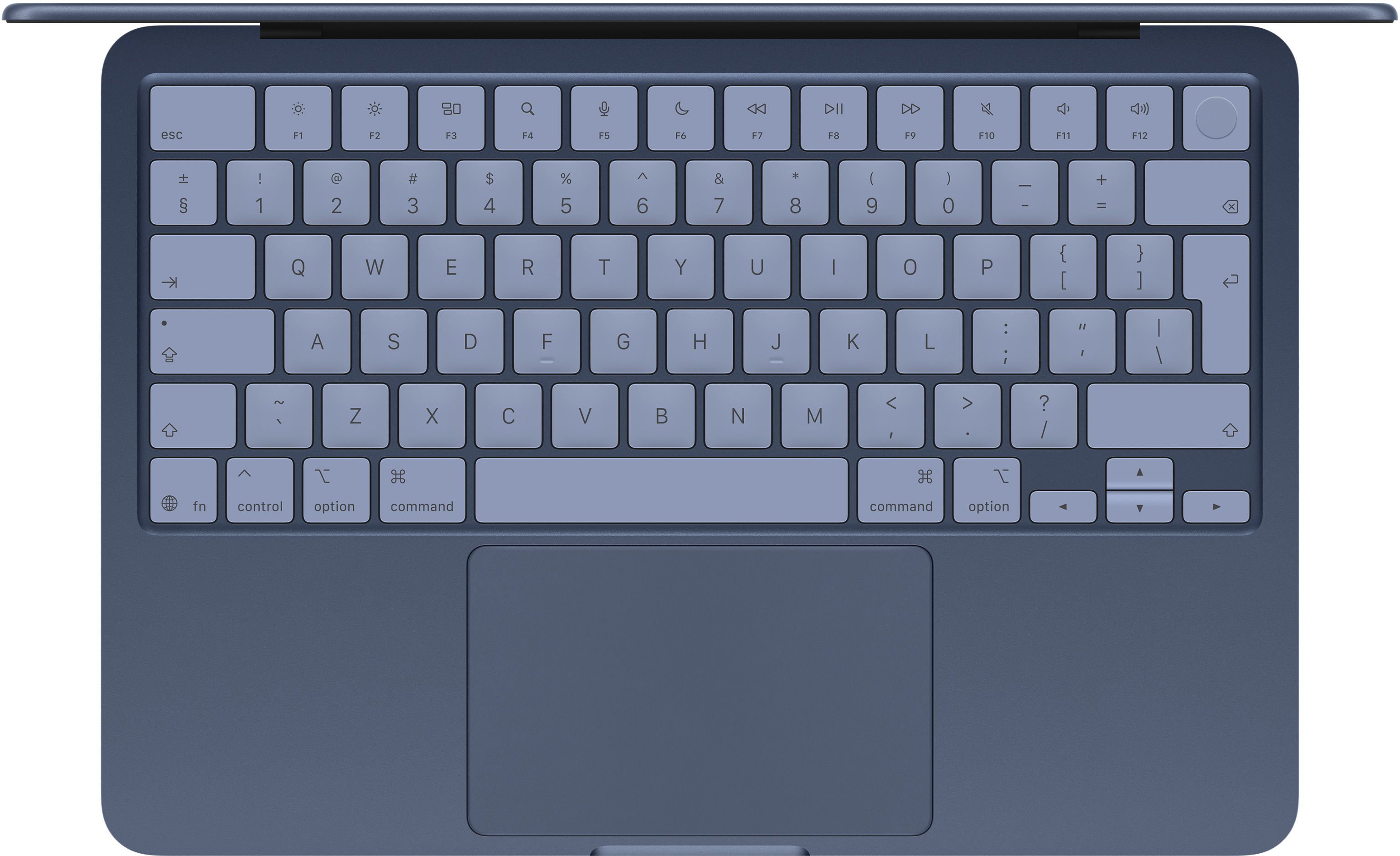 Kék laptop billentyűzet és nagy touchpad felülnézetben.