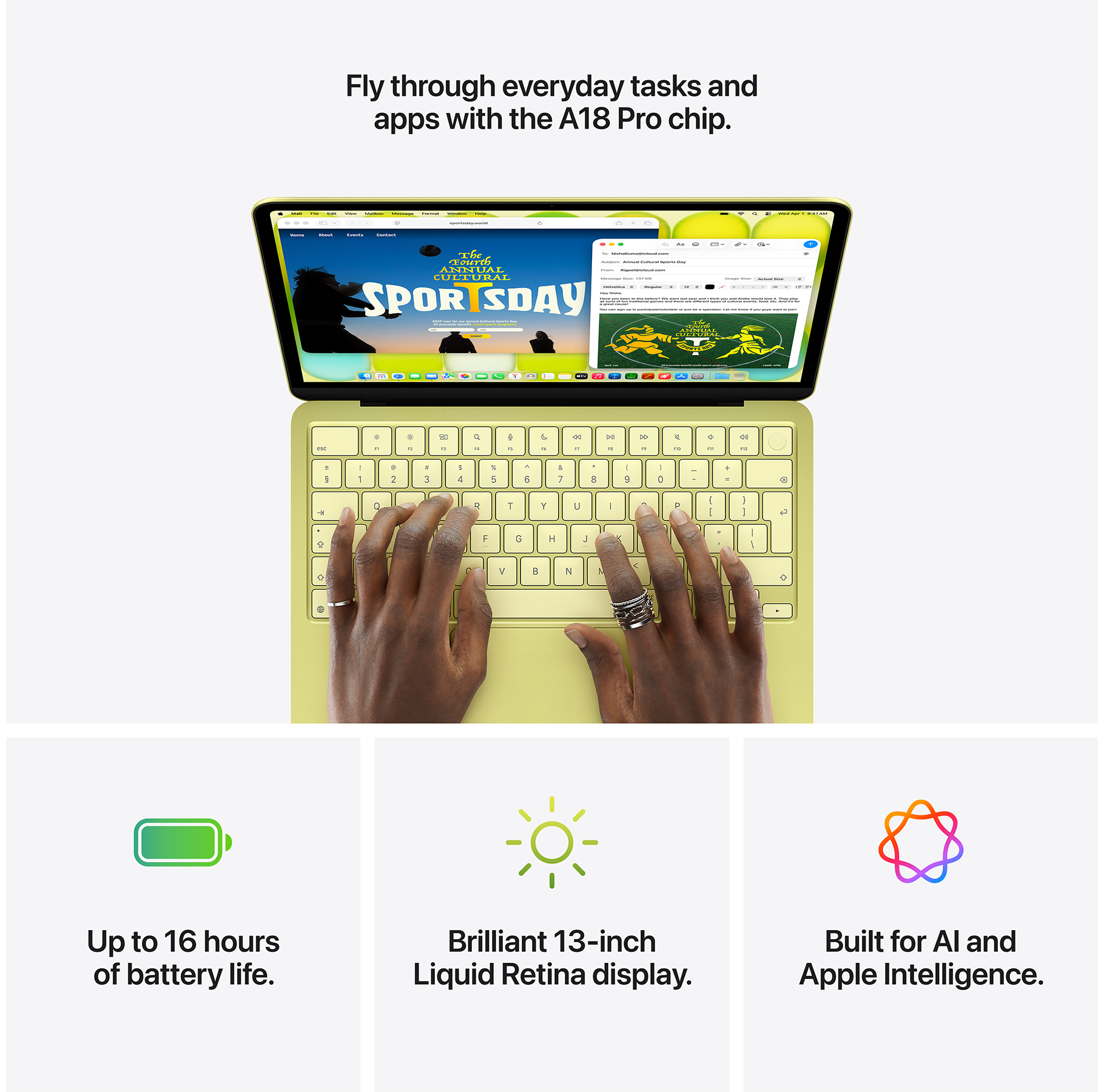 Világoszöld laptop, kezekkel a billentyűzeten, egy sporteseményt mutató képernyővel.