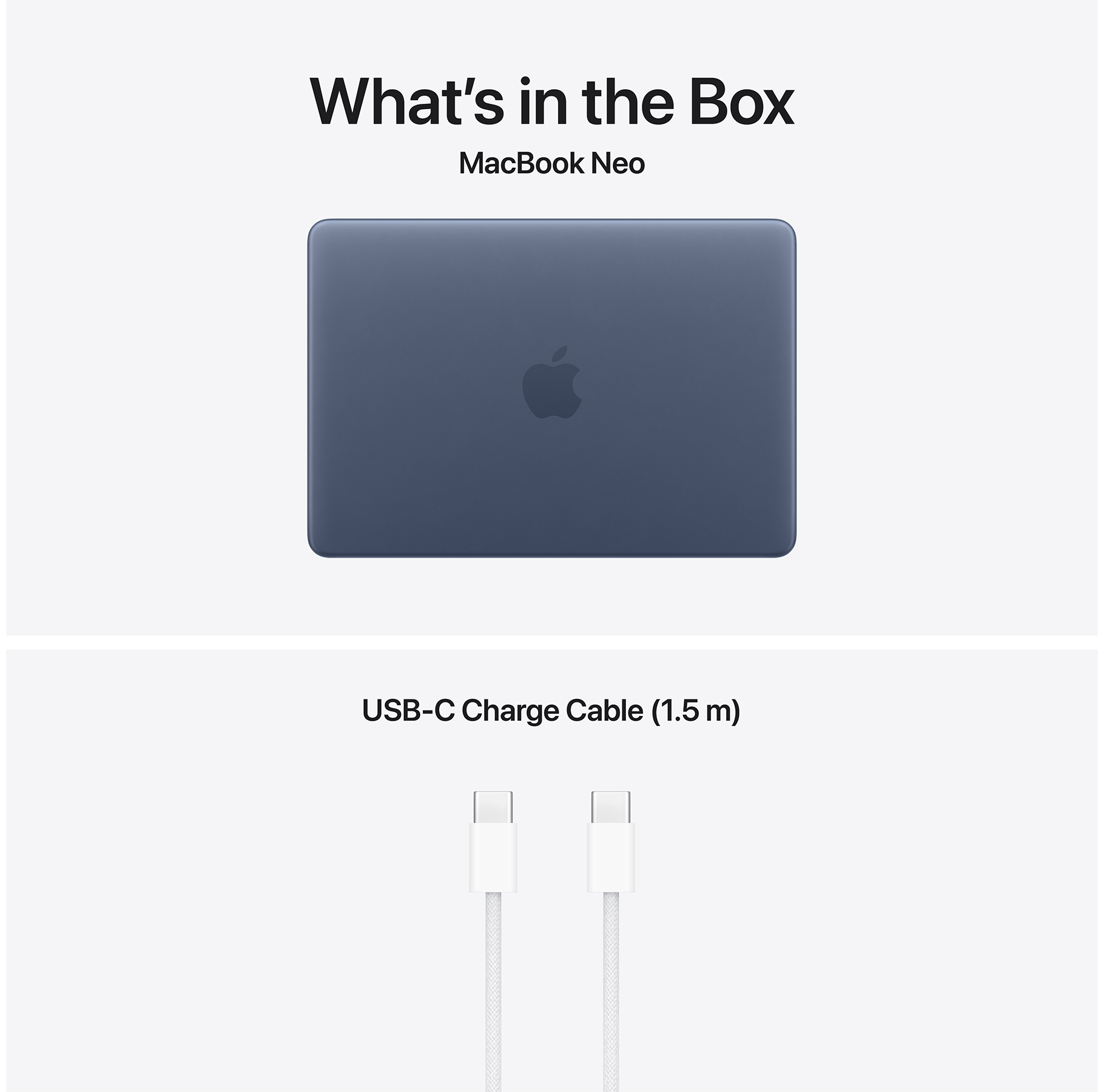 Egy kék MacBook Neo és egy fehér USB-C kábel.