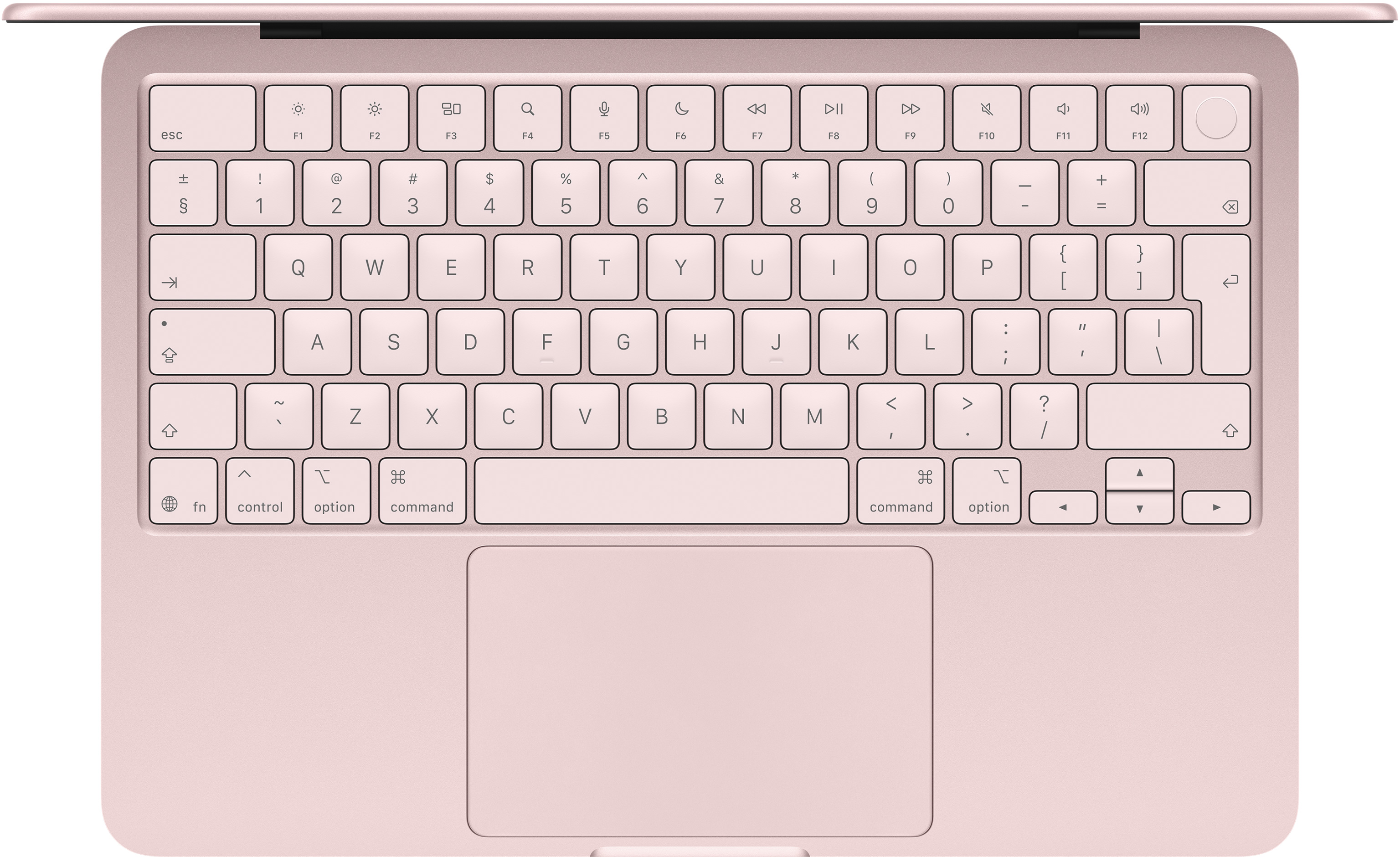 Egy rózsaszín laptop teljes billentyűzettel és érintőpaddal.