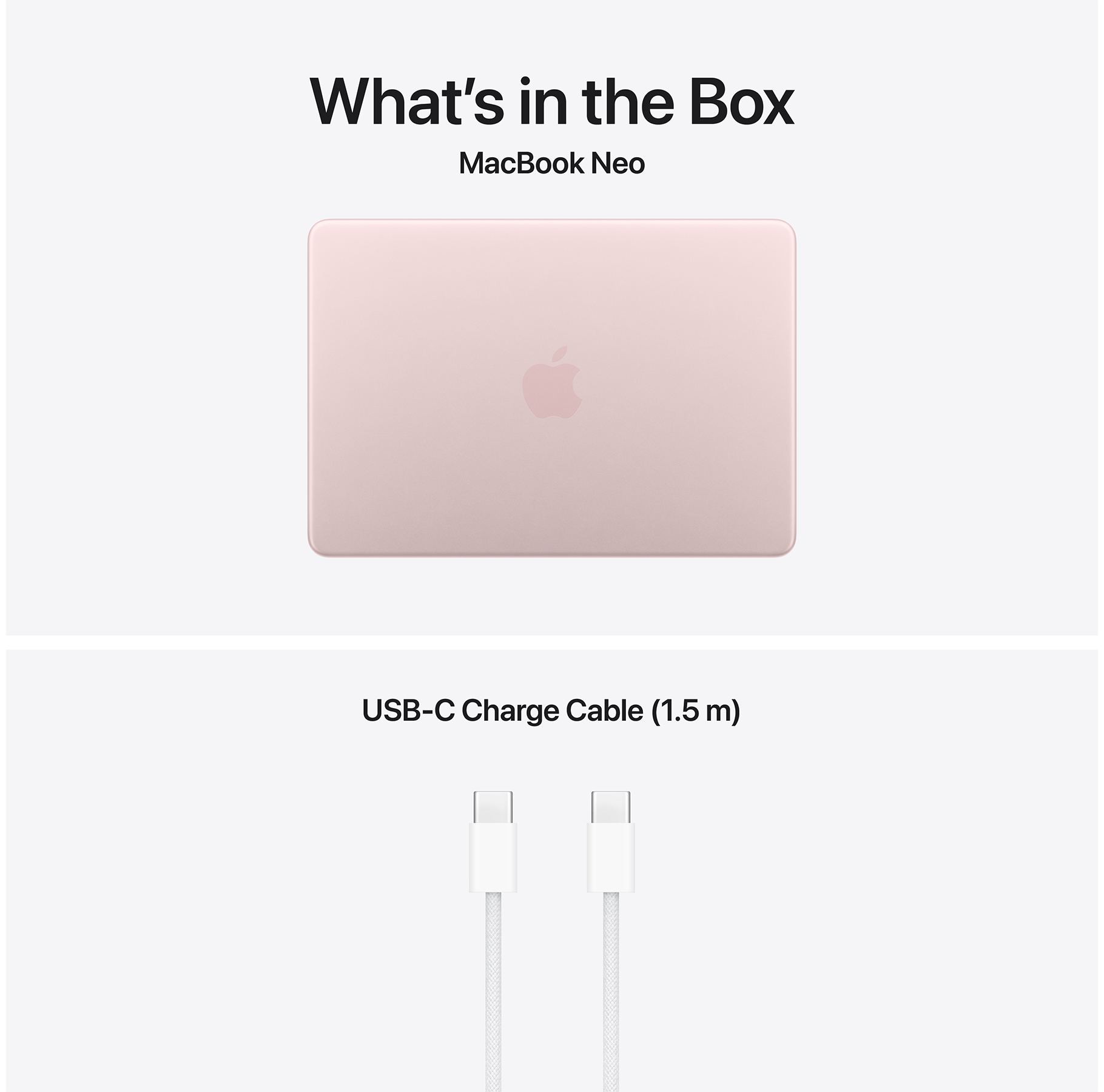 Rózsaszín MacBook Neo és fehér USB-C kábel a doboz tartalmában.