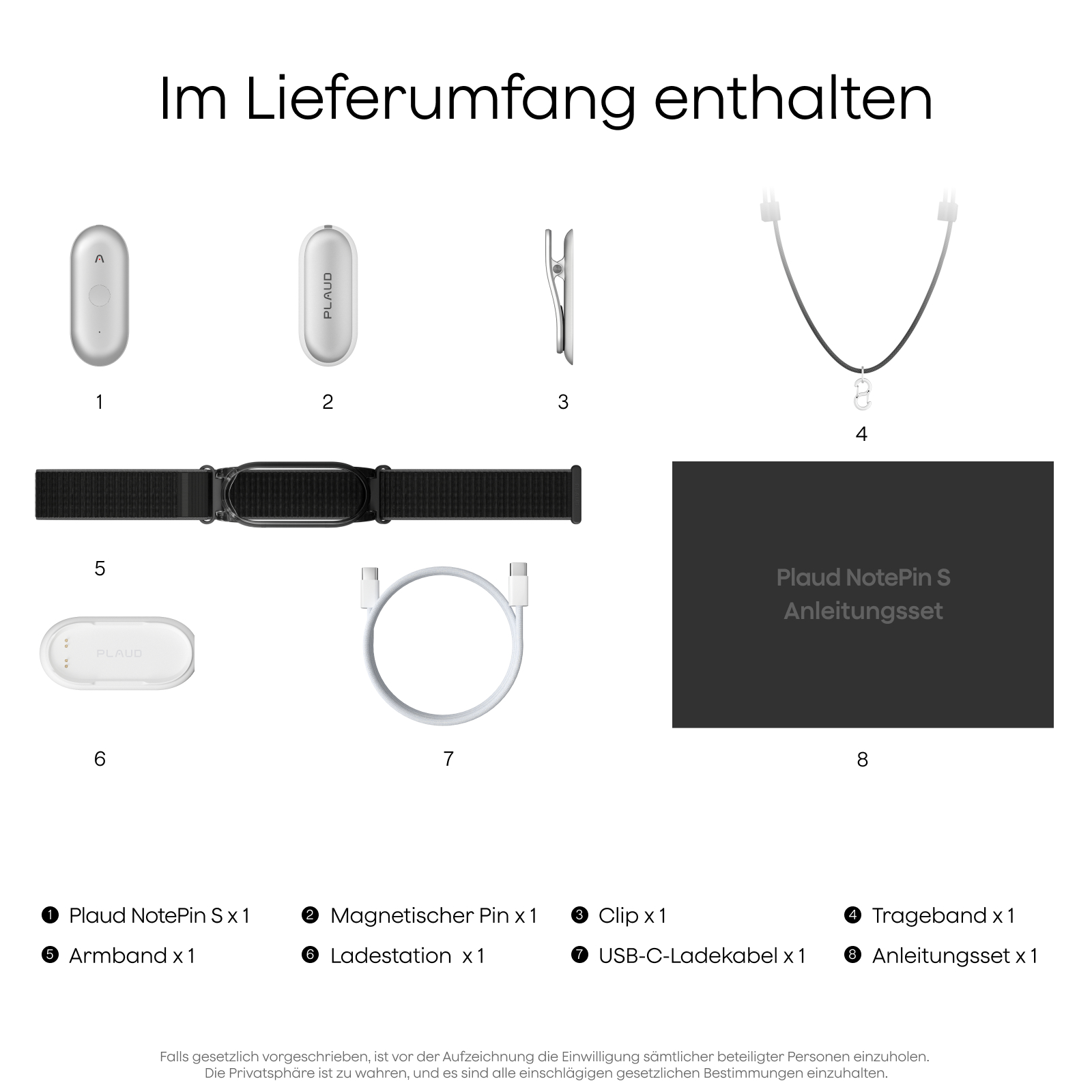 Abgebildet sind die Inhalte eines Pulaud NotePin S Sets mit Zubehör.