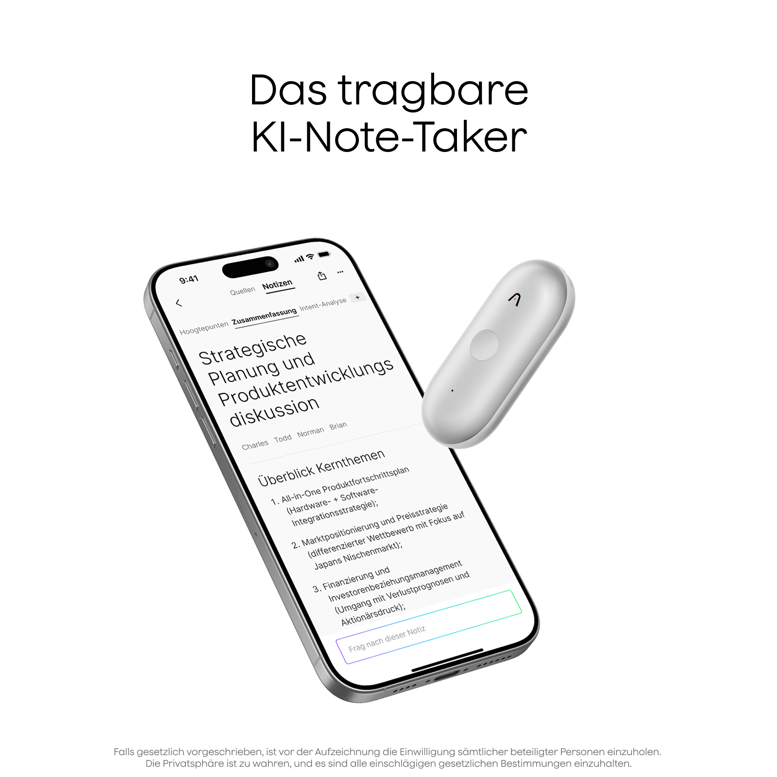 Ein Smartphone zeigt eine Notiz mit dem Titel 'Strategische Planung'. Daneben liegt ein weißer KI-Notiz-Taker.