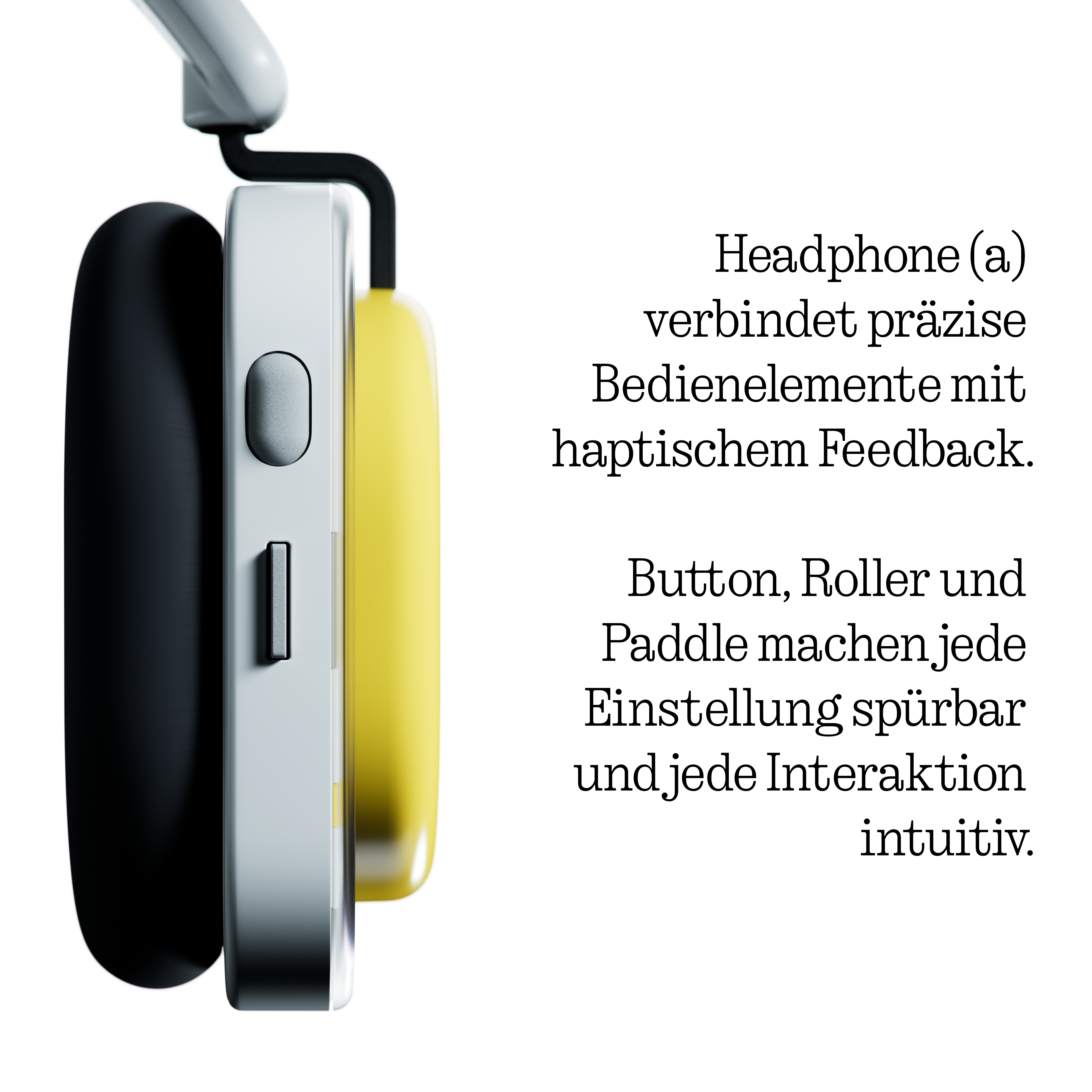 Nahaufnahme eines Kopfhörers mit gelben Ohrmuscheln und Bedienelementen.