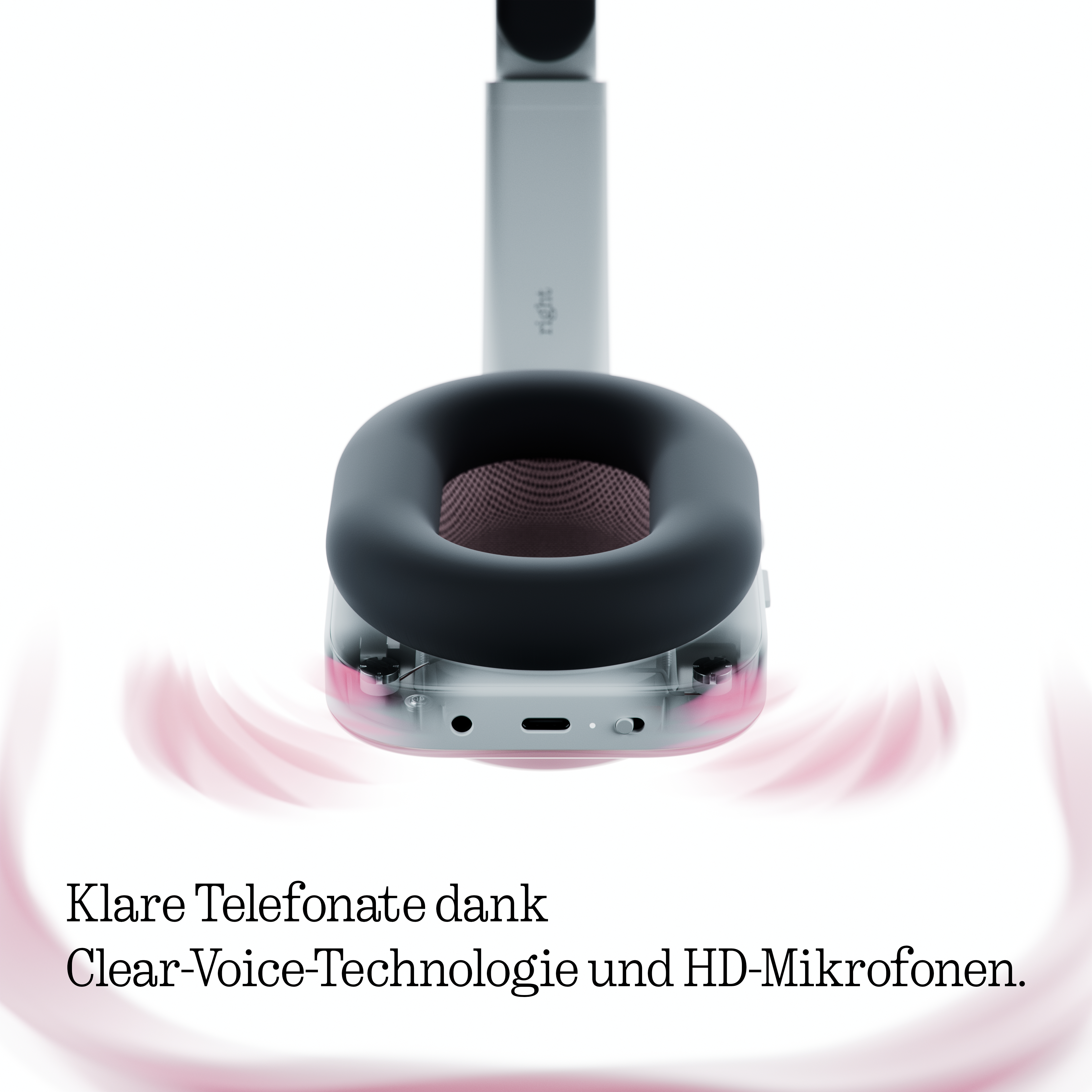 Kopfhörer mit schwarzem Ohrpolster, silbernem Bügel und rosa Wellen.