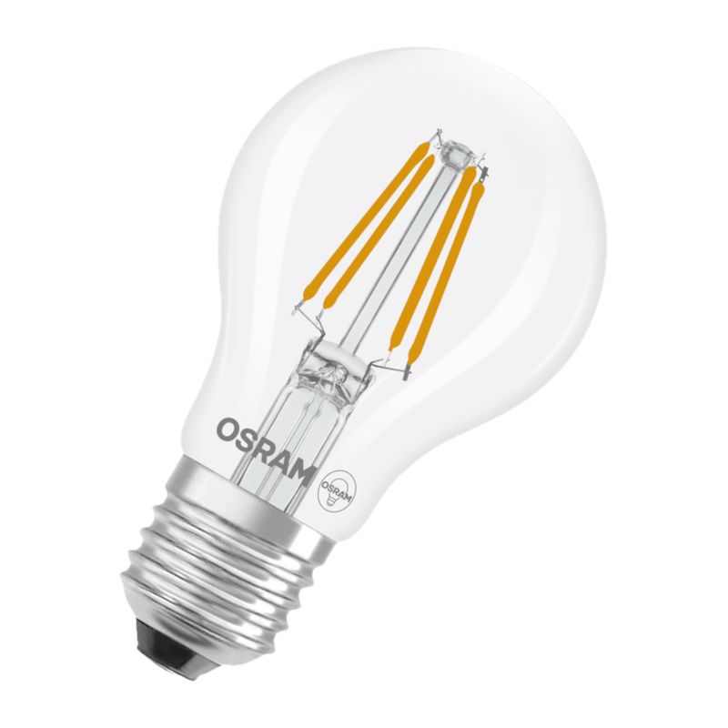 Une ampoule transparente avec logo Osram et filaments visibles.