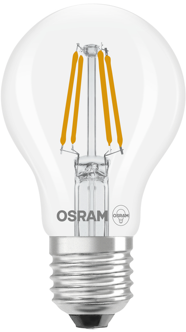 Une ampoule LED transparente avec culot argenté et filaments oranges visibles.