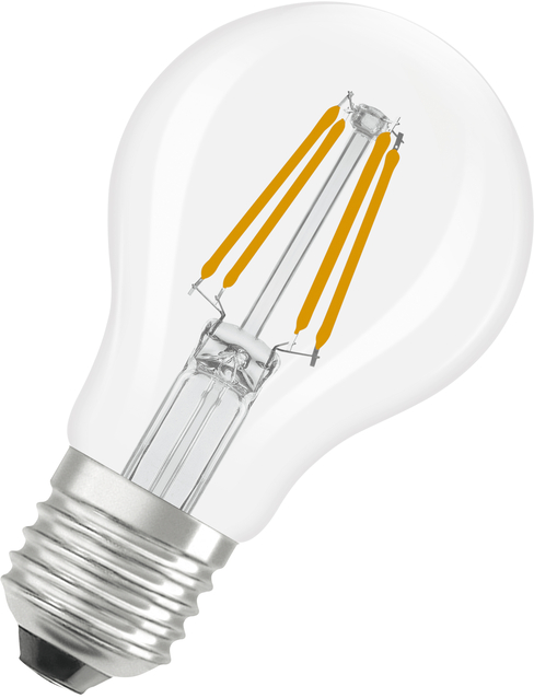 Une ampoule transparente avec culot argenté et quatre filaments jaunes.