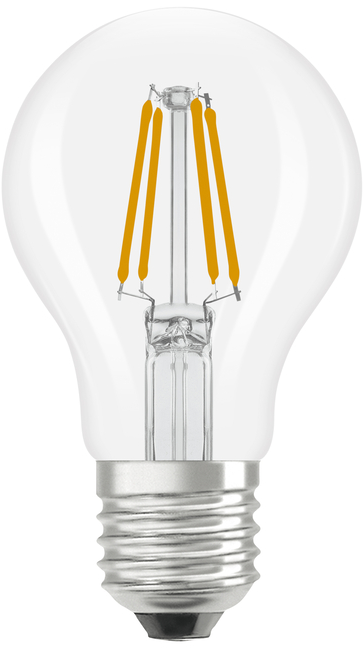 Une ampoule transparente montrant des filaments LED jaunes visibles et une base argentée.