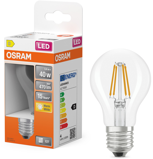 Ampoule LED OSRAM culot E27, 40W, blanc chaud, efficacité énergétique D.