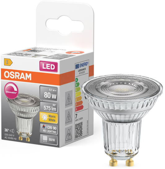 Ampoule OSRAM LED GU10, blanc chaud, dimmable, 6.1W, 575lm.