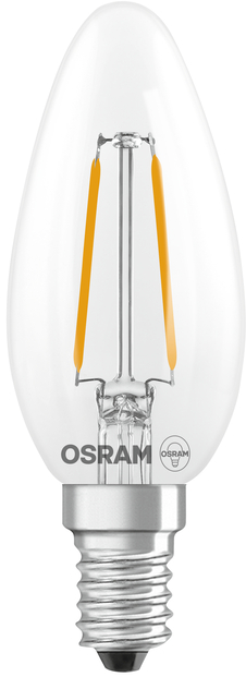 Une ampoule LED Osram transparente en forme de bougie avec culot à vis argenté et deux filaments jaunes.