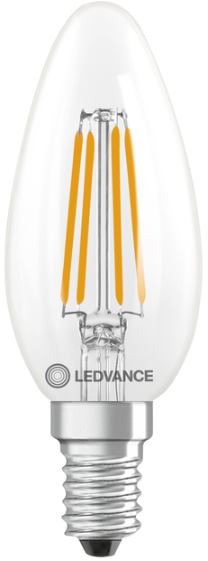 Ampoule LED bougie transparente avec filaments visibles et culot à vis E14.