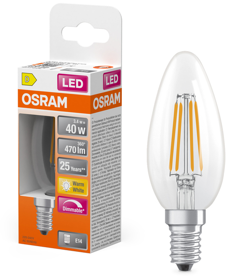 Ampoule LED OSRAM sur emballage. Verre transparent, culot E14, équivalent 40W.